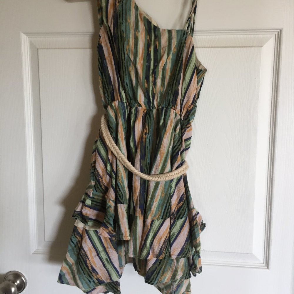 Free People Boho Green Beige Pink Stripe Ruffle Mini Dress Size XS